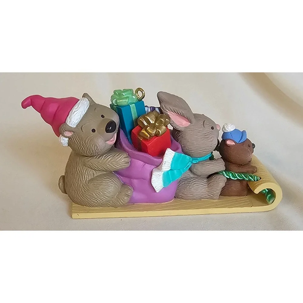 VTG Hallmark Keepsake Ornament 1996 Multicolor Bear Bunny Beaver Sledding